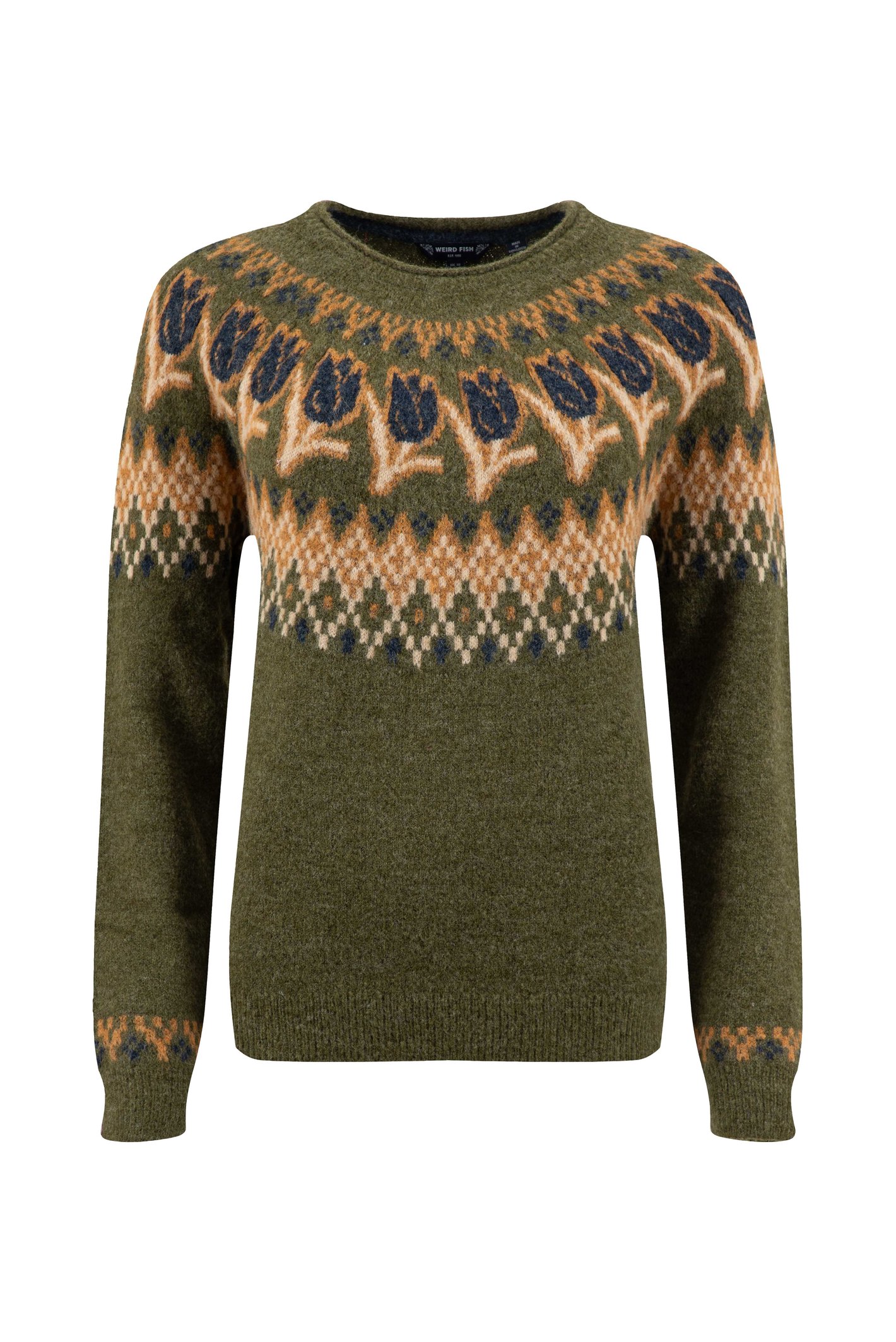 Weird Fish Tulips Floral Fair Isle Jumper Winter Green Size 8
