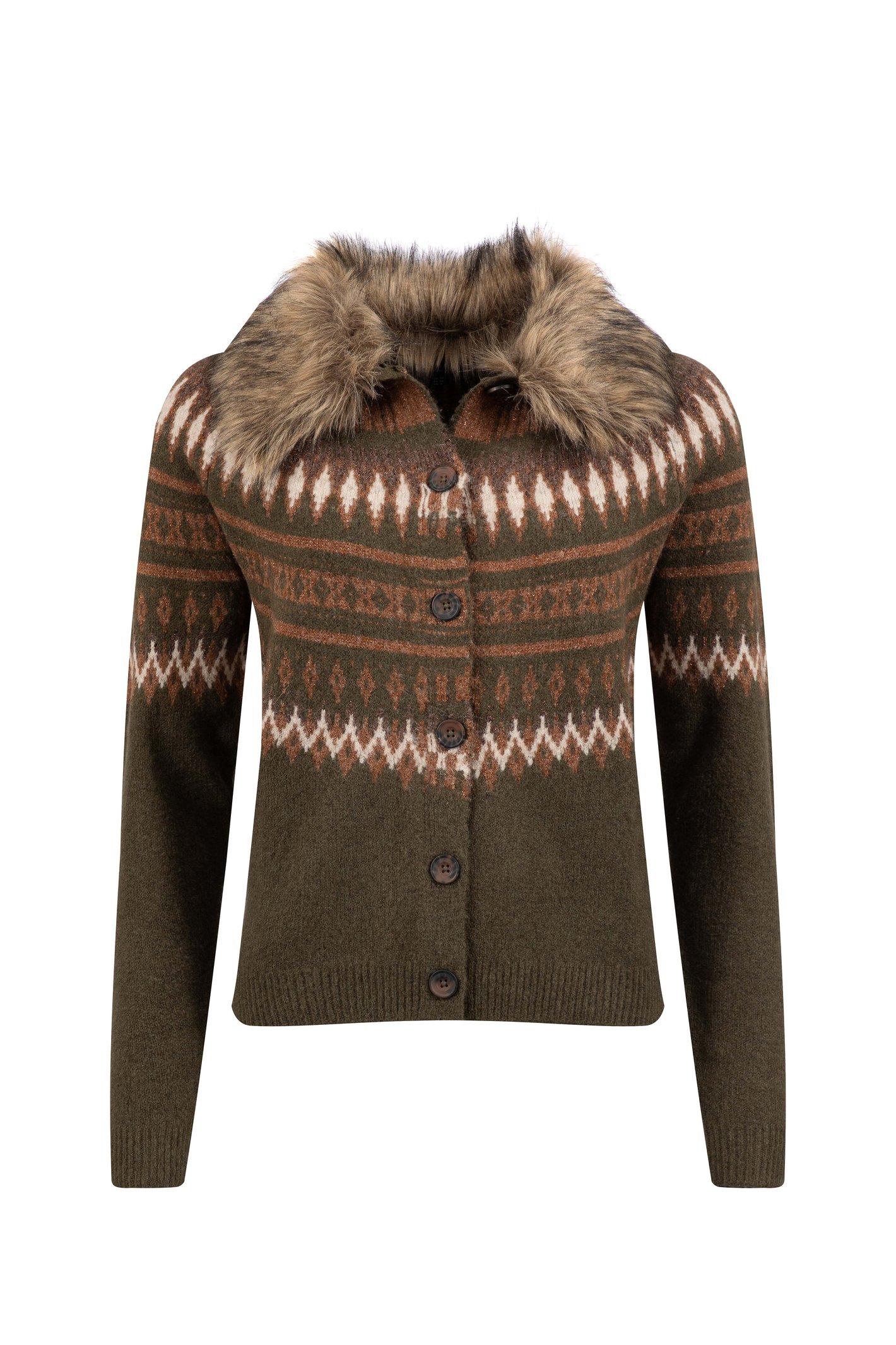 Weird Fish Jeanne Fair Isle Faux Fur Trim Cardigan Oak Green Size 20