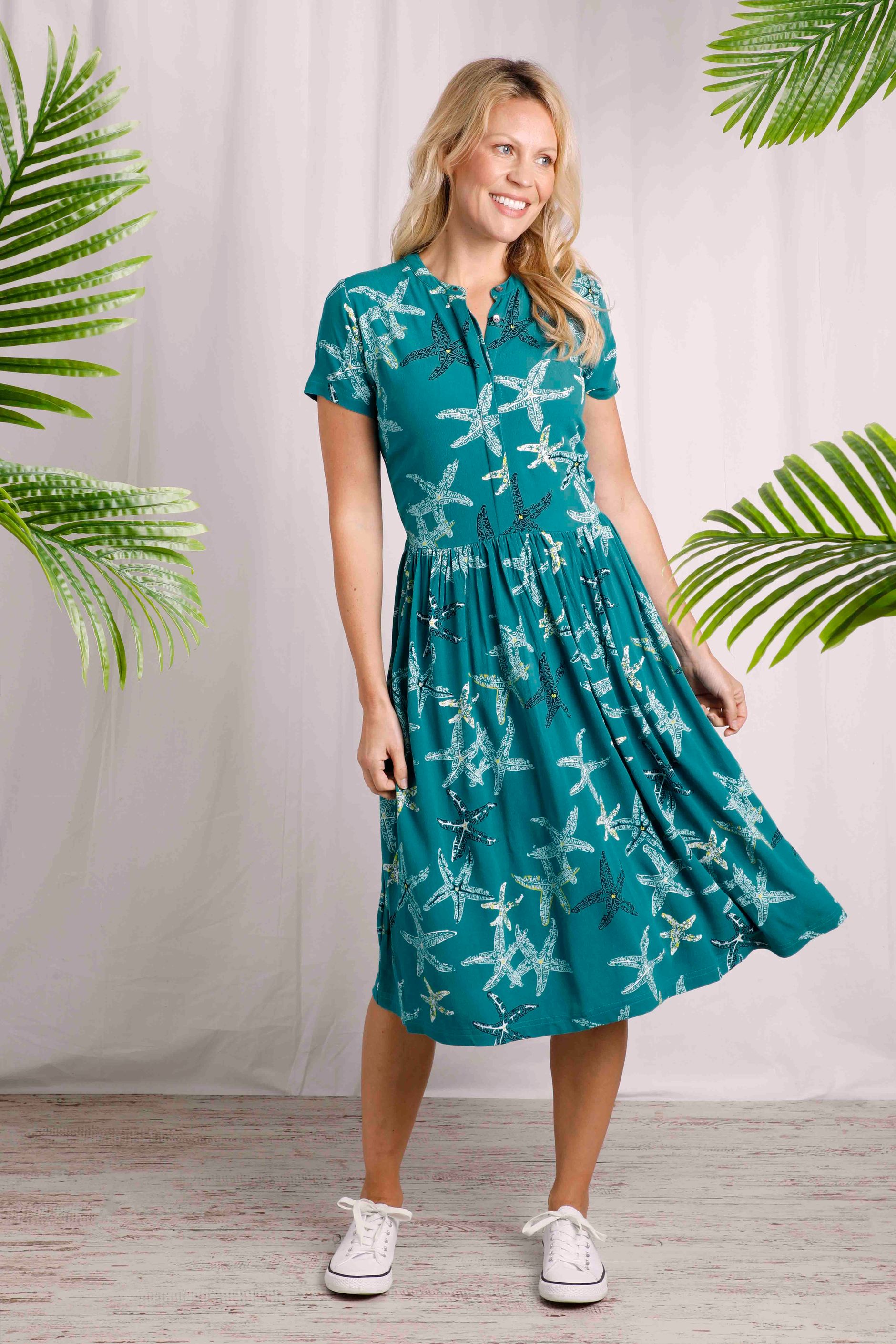 Naffisa Eco Viscose Printed Tea Dress Lagoon Blue Weird Fish