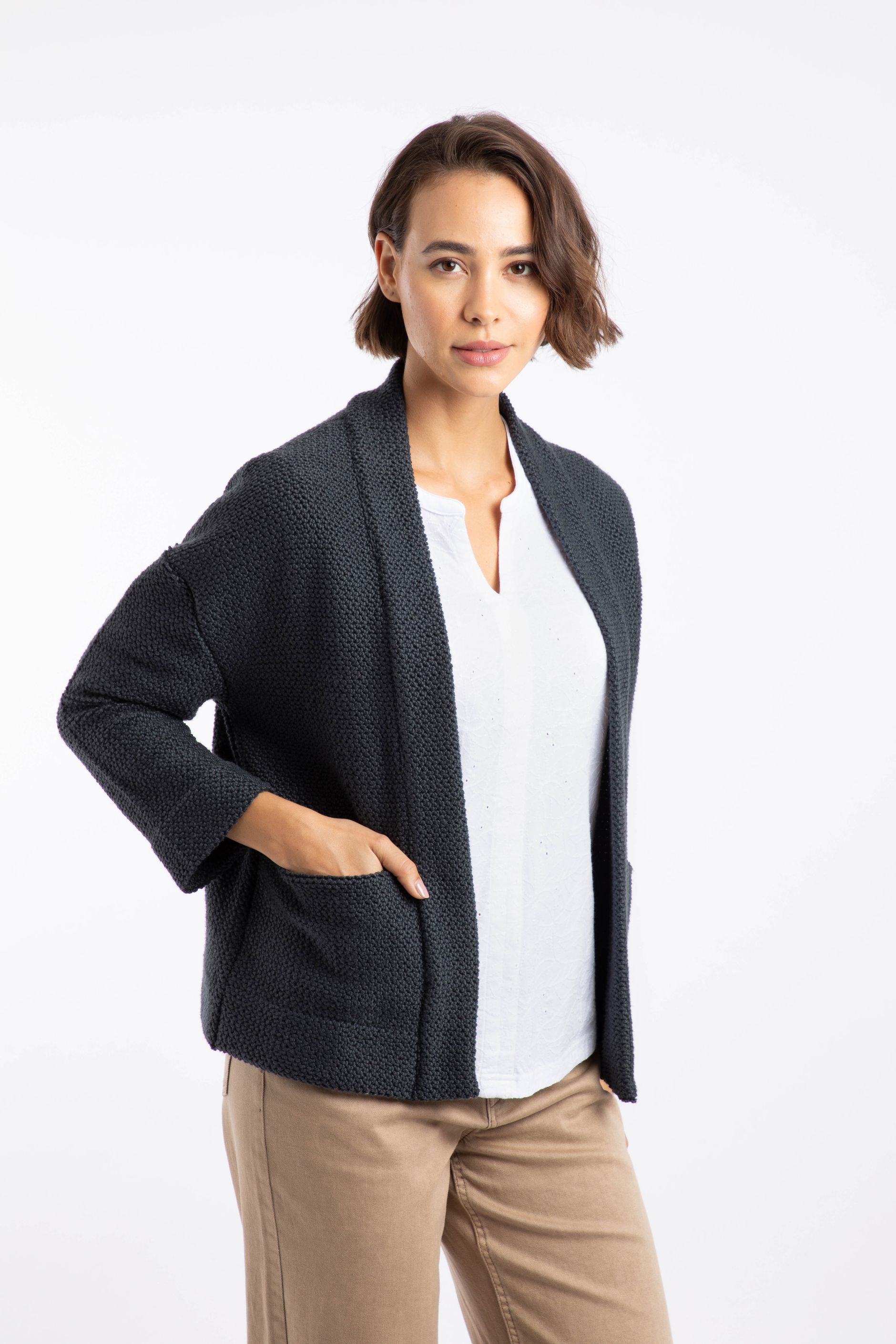 Santosh Cropped Eco Macaroni Kimono Cardigan Navy | Weird Fish