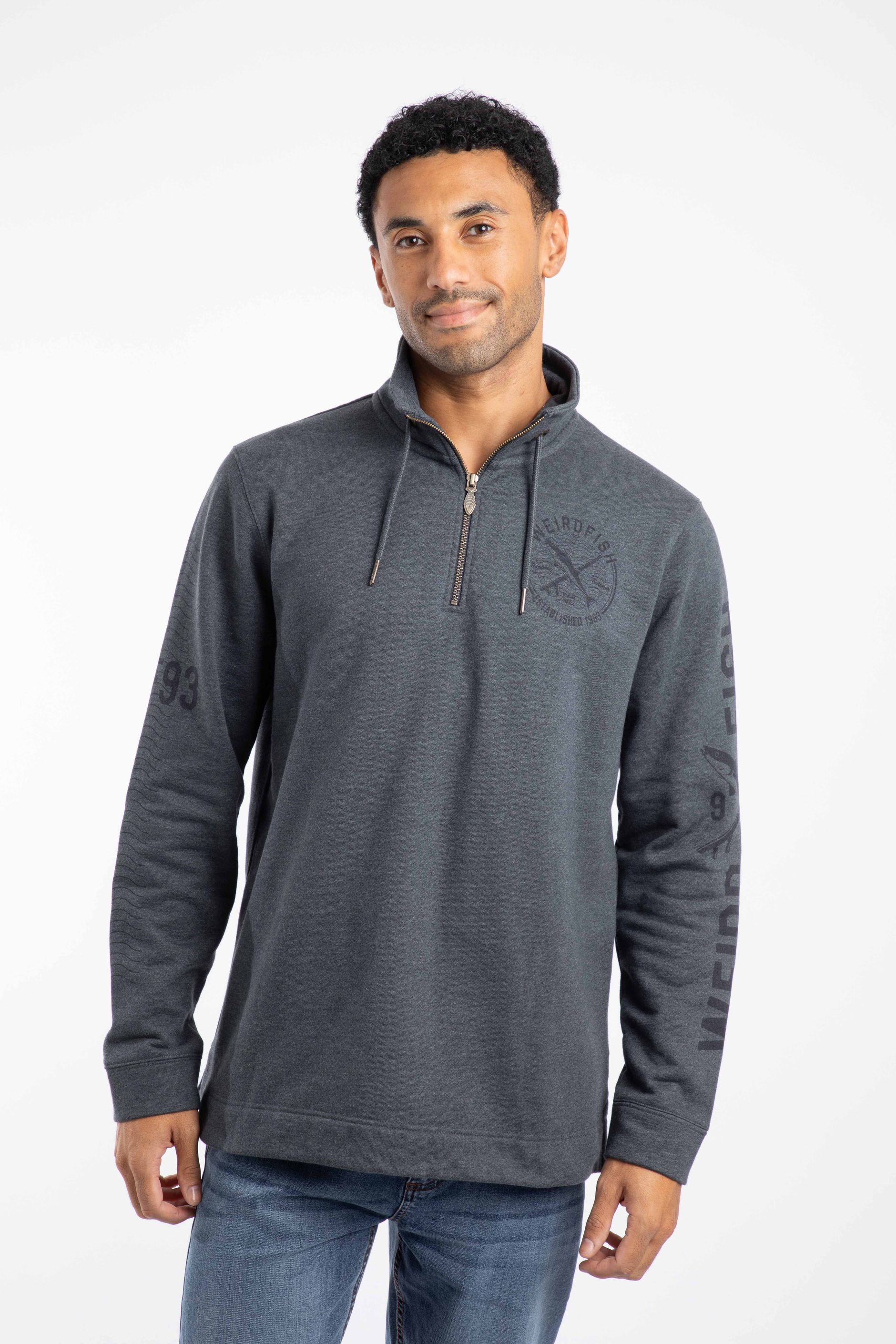 Oakville Eco 1/4 Zip Graphic Sweatshirt Navy | Weird Fish