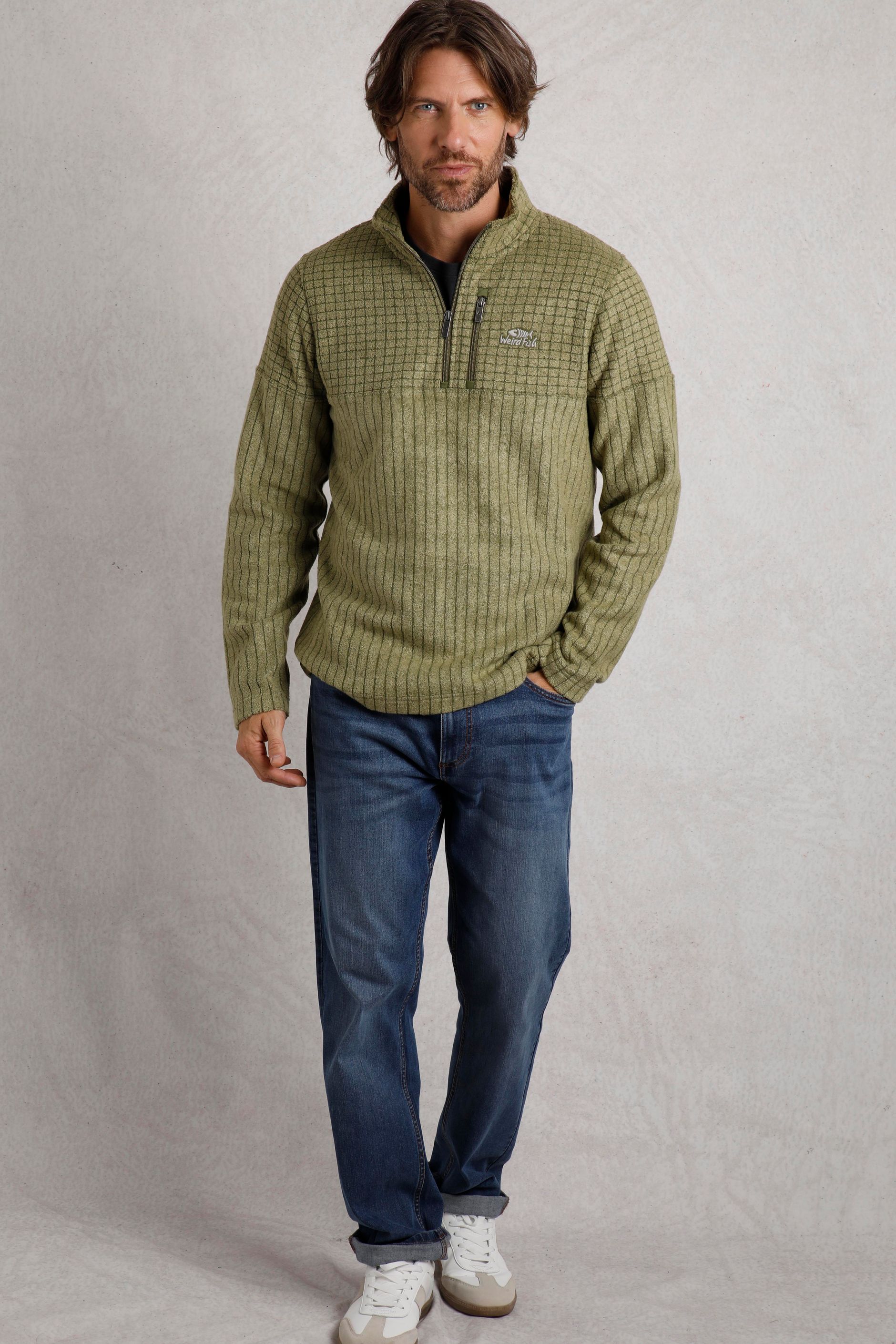 Longmont Eco 1/4 Zip Stripe Grid Fleece Celery | Weird Fish