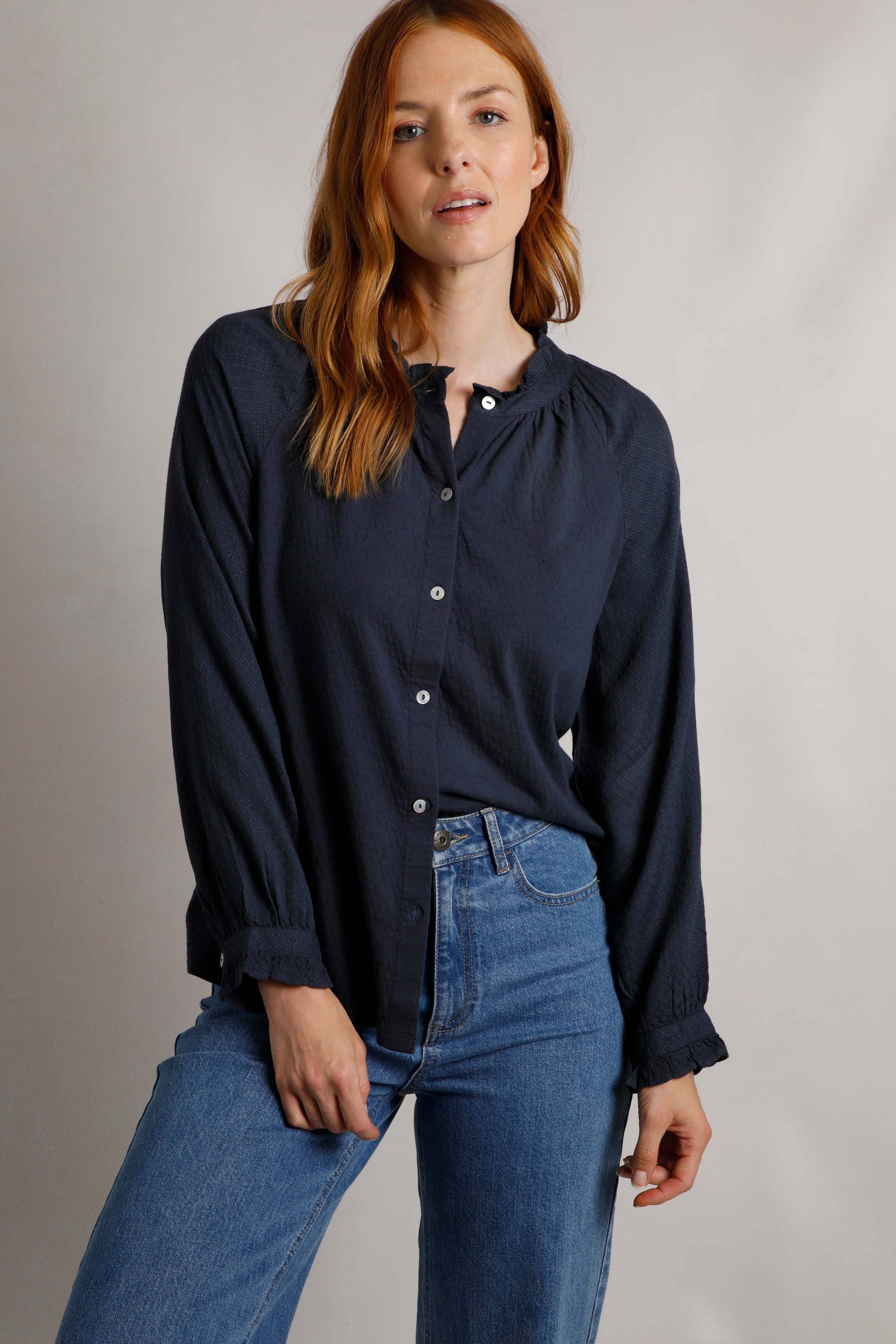 Donna Frilly Edge Cotton Dobby Shirt Navy Weird Fish