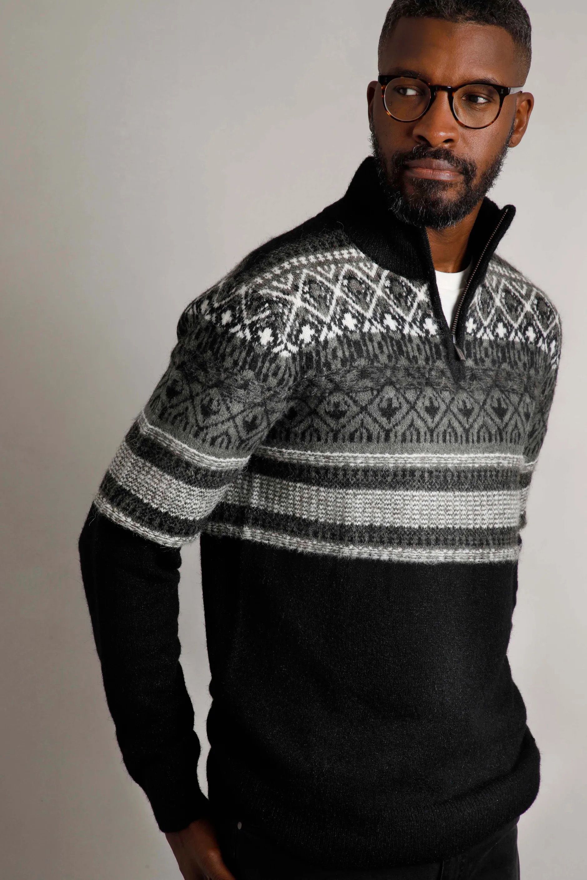 Yarmouth Eco 1/4 Zip Fair Isle Jumper Black | Weird Fish