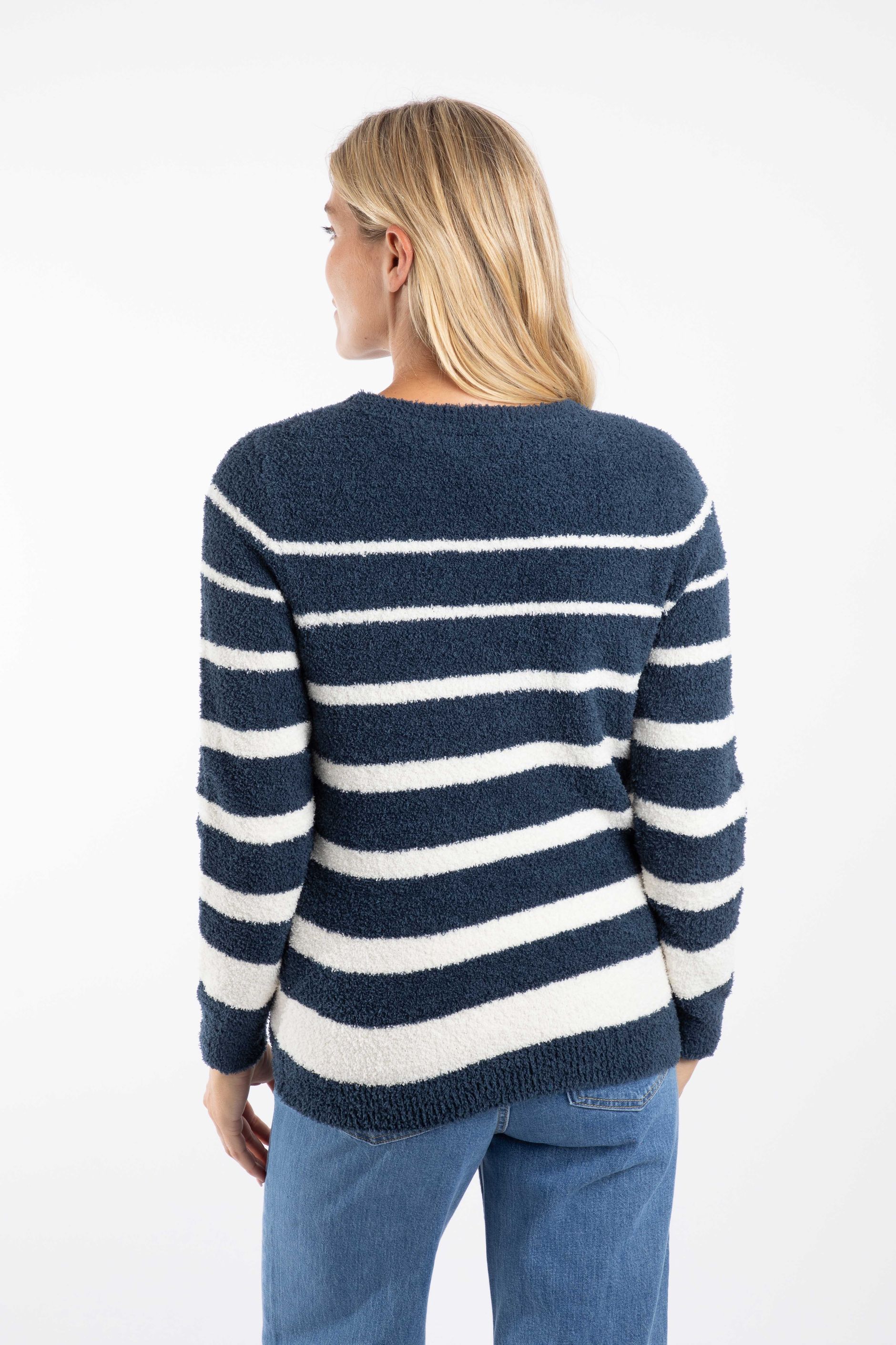 Hv Society Bobby Round Neck Fine Knit Stripe Jumper with 3/4 Sleeve Blue/White