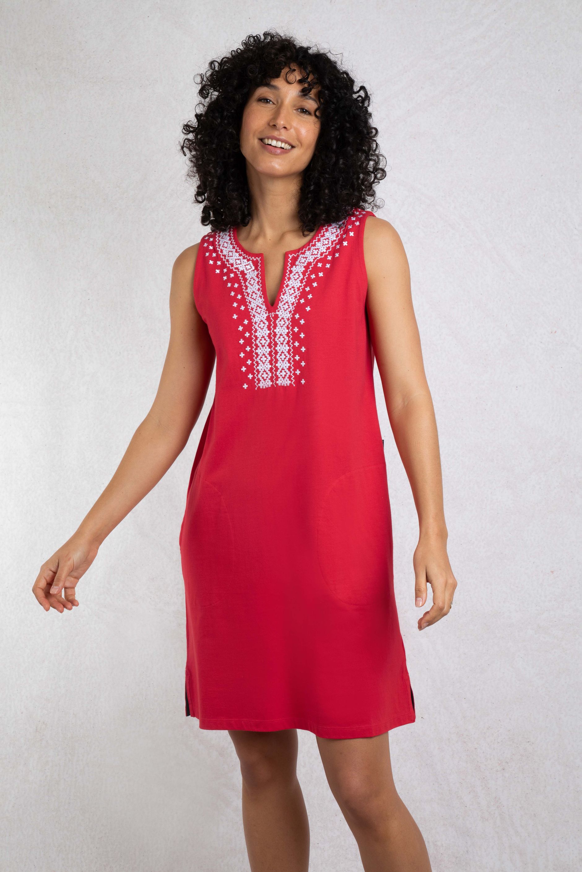 Anaya Organic Cotton Embroidered Jersey Shift Dress Crimson | Weird Fish