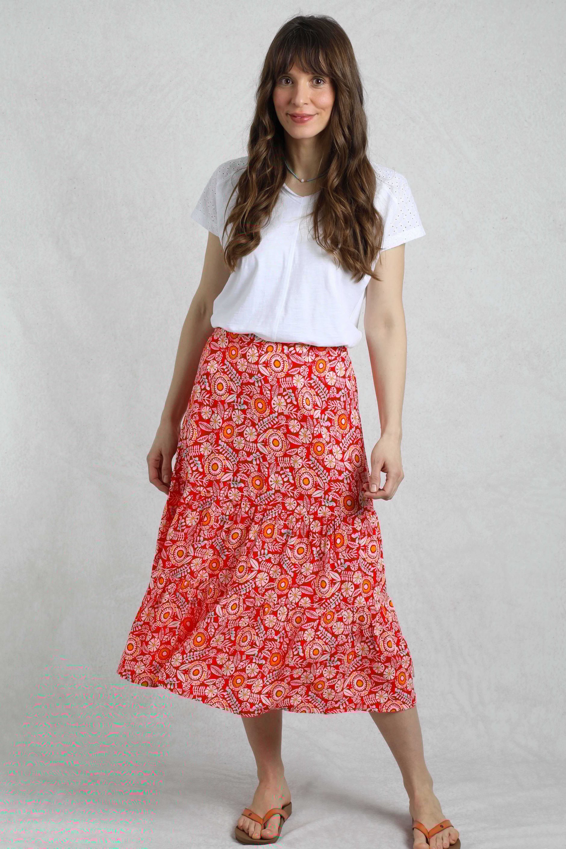 Cassis Lenzing EcoVero™ Printed Viscose Tiered Skirt Tango Red