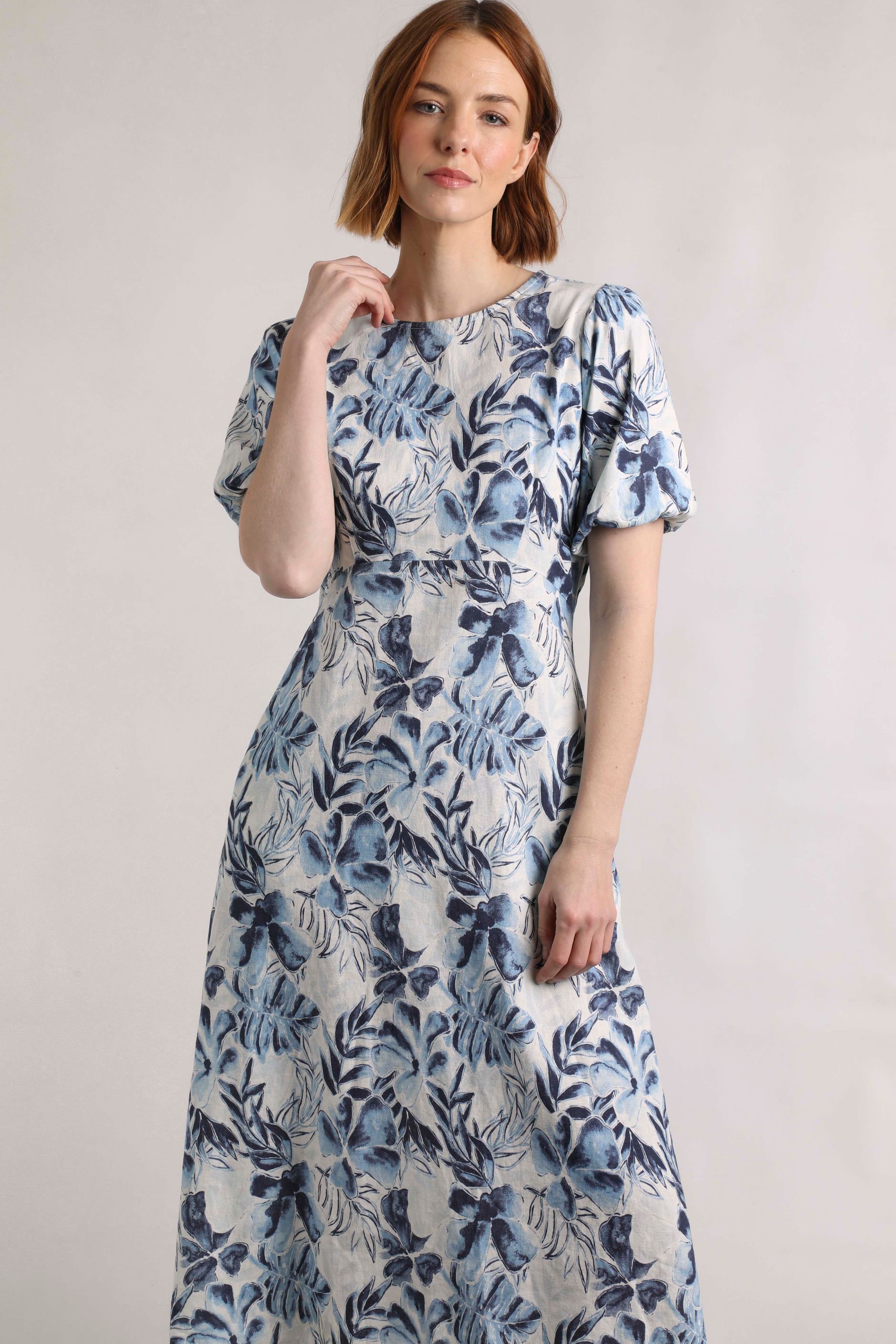 princess polly baby blue dress Delanie Linen Rich Printed Tea Dress Estate blue