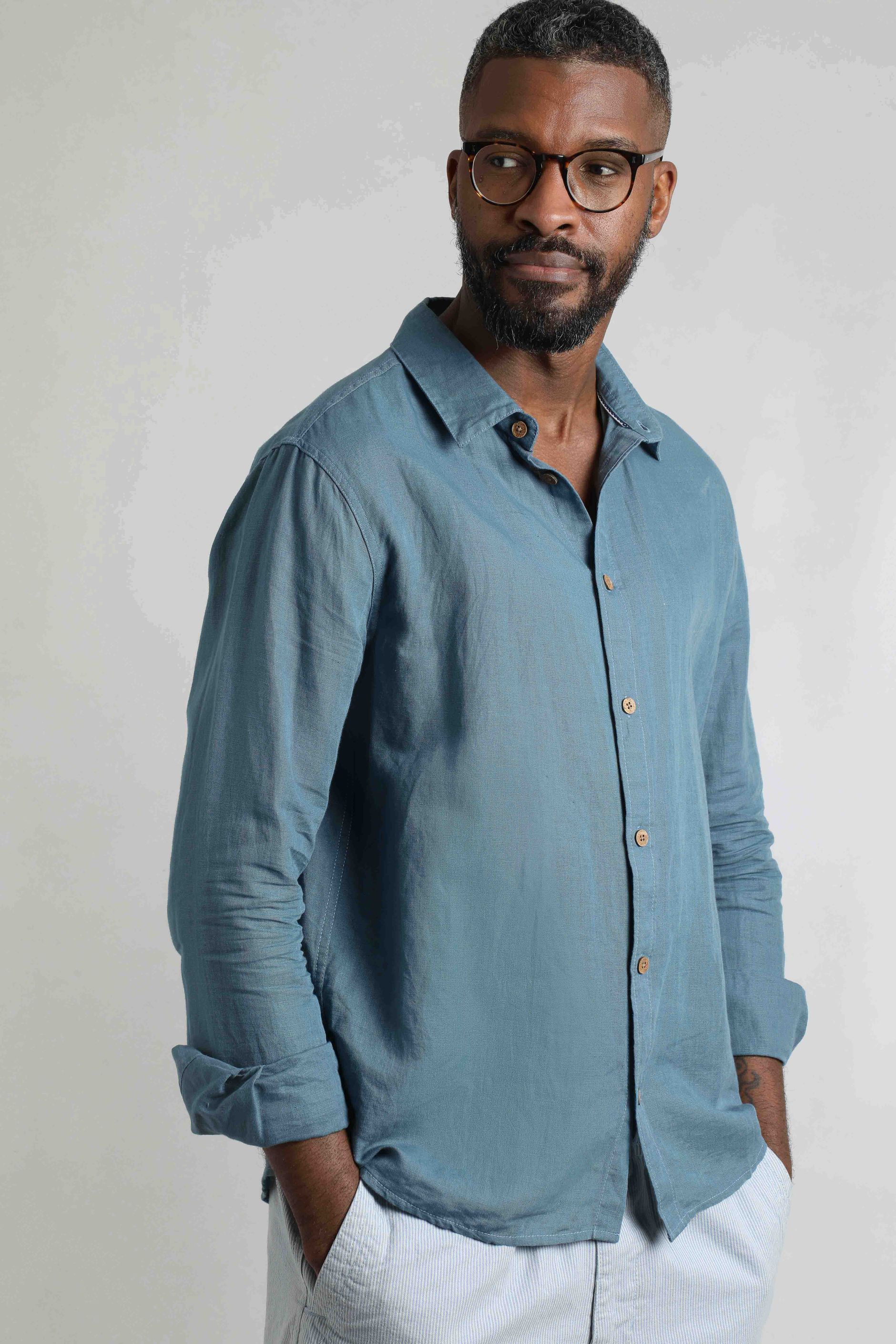 Shaun Linen Rich Long Sleeve Shirt Pale Denim | Weird Fish