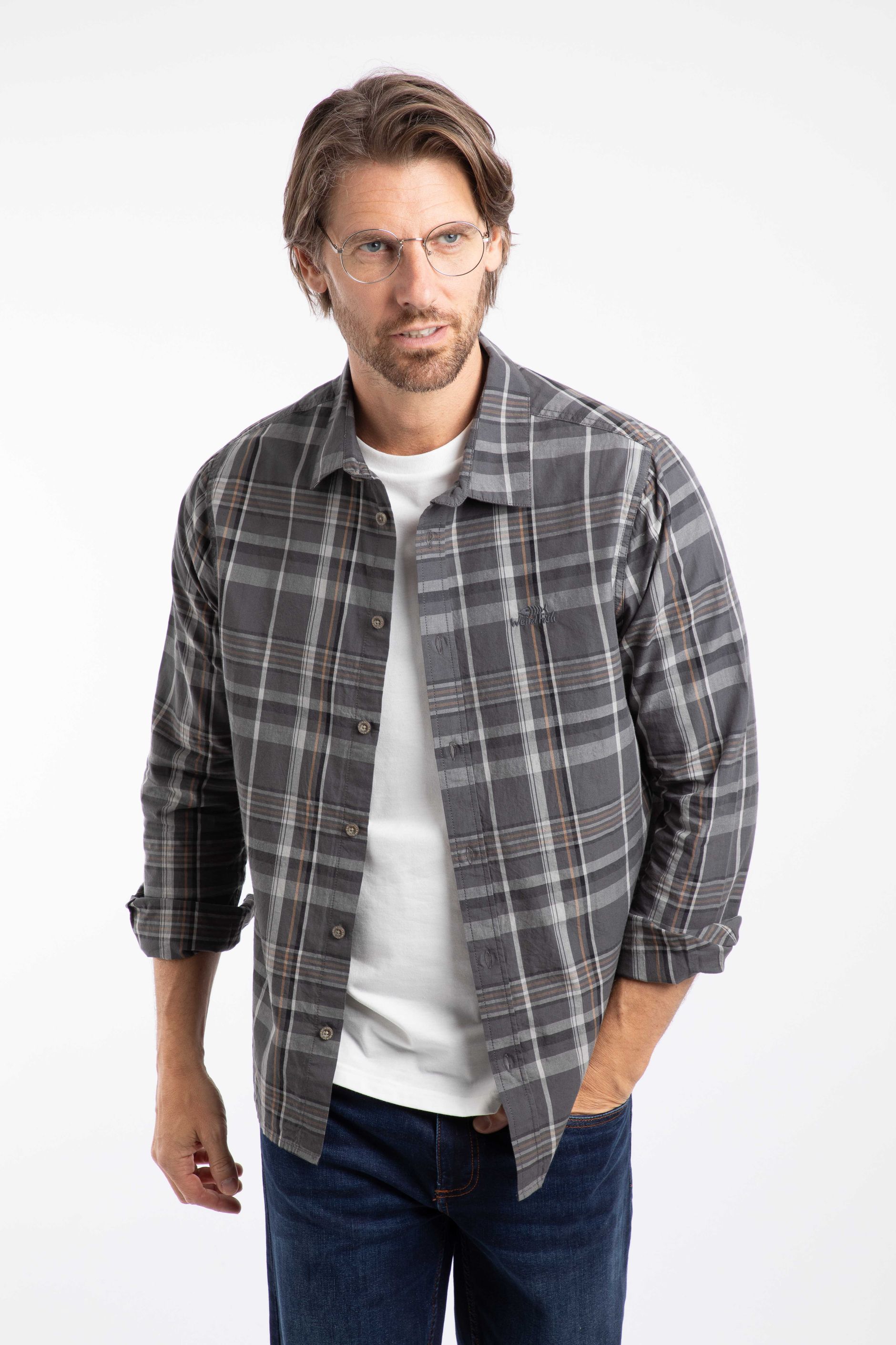 Lando Long Sleeve Check Shirt Iron Stone | Weird Fish