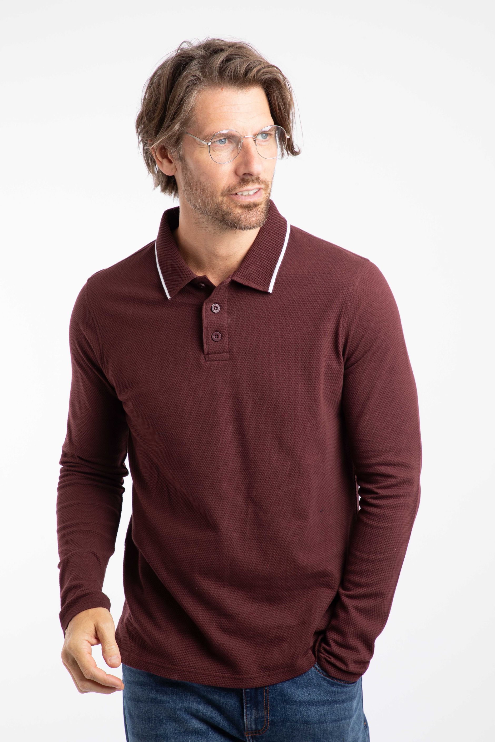 Theo Organic Cotton Textured Jersey Long Sleeve Polo Bitter