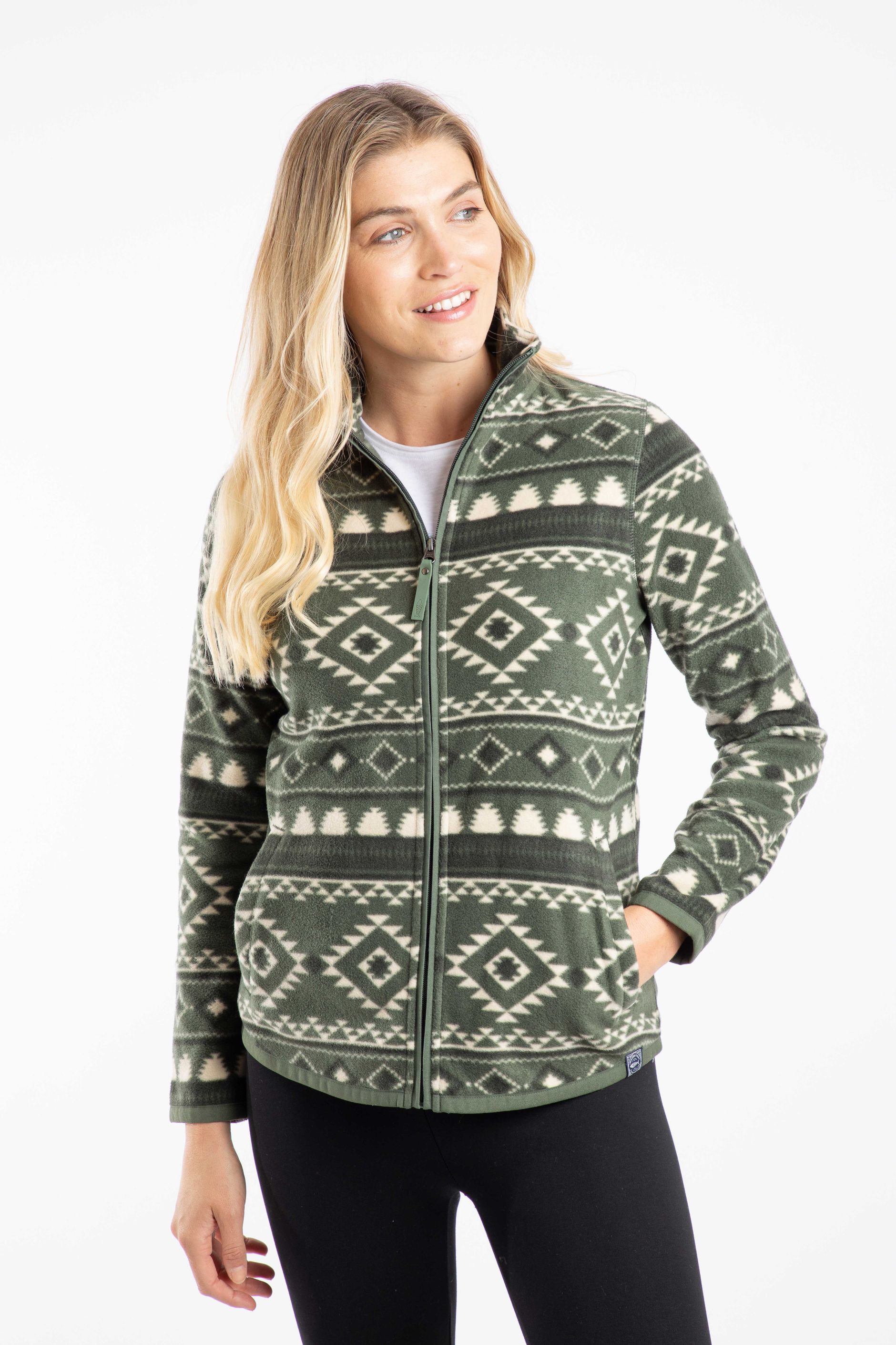 Rochelle Full Zip Printed Micro Fleece Deep Lichen Green | Weird Fish