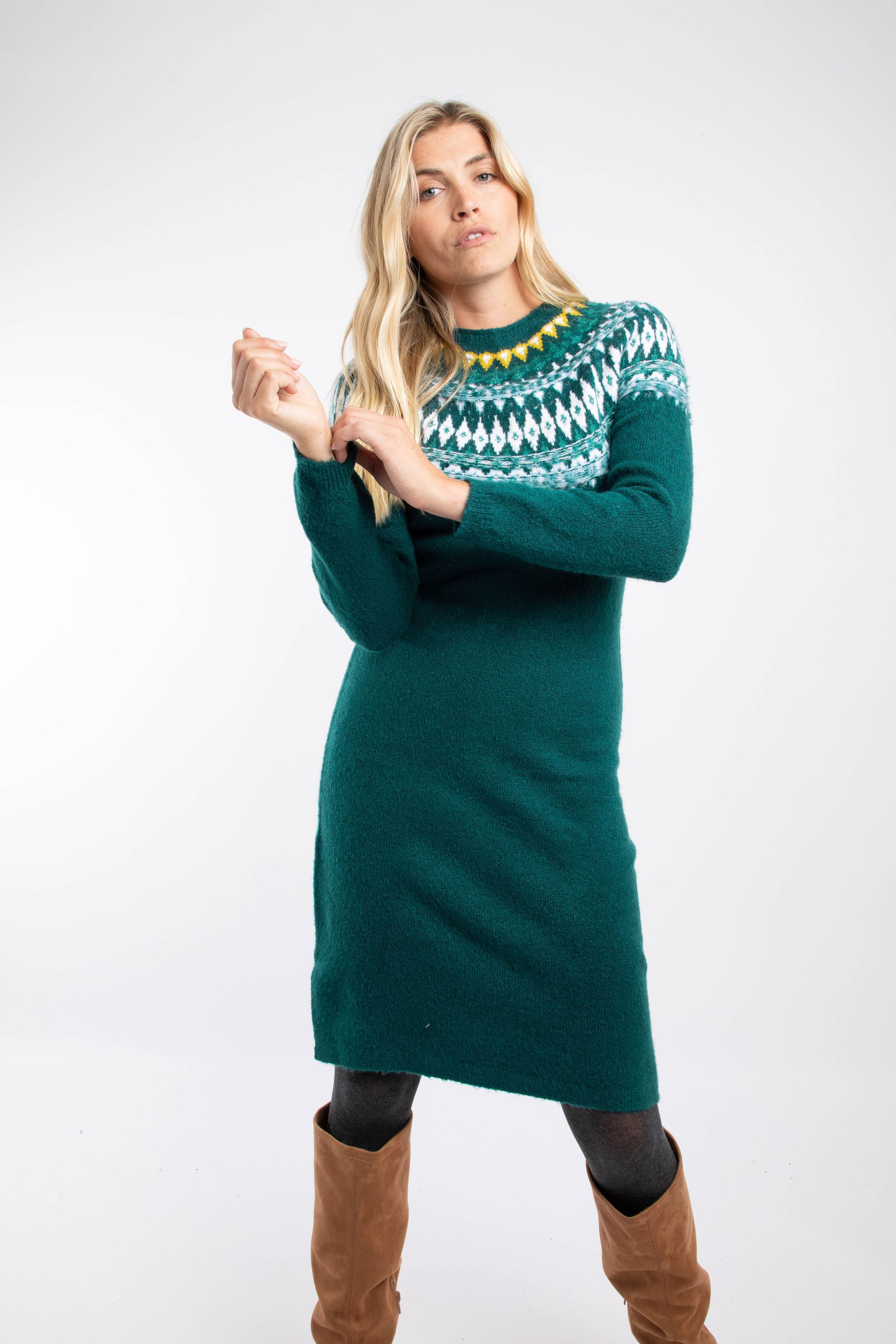 Dutton Fair Isle Knitted Jumper Dress Deep Teal | Weird Fish Dutton Fair Isle Knitted Jumper Dress Deep Teal | Weird Fish