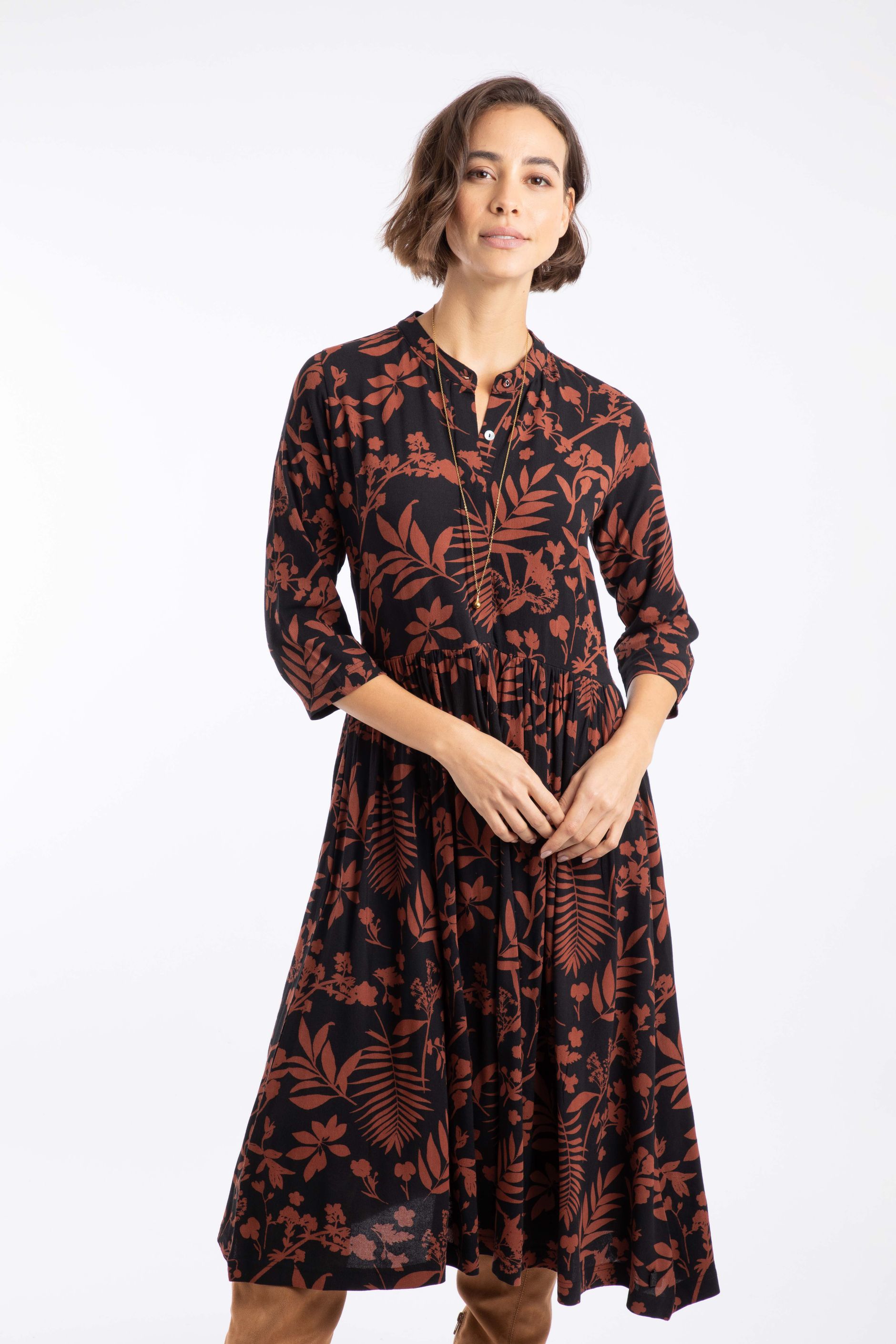Hellen Printed Crepe Viscose Shirt Dress Bitter Chocolate | Weird Fish