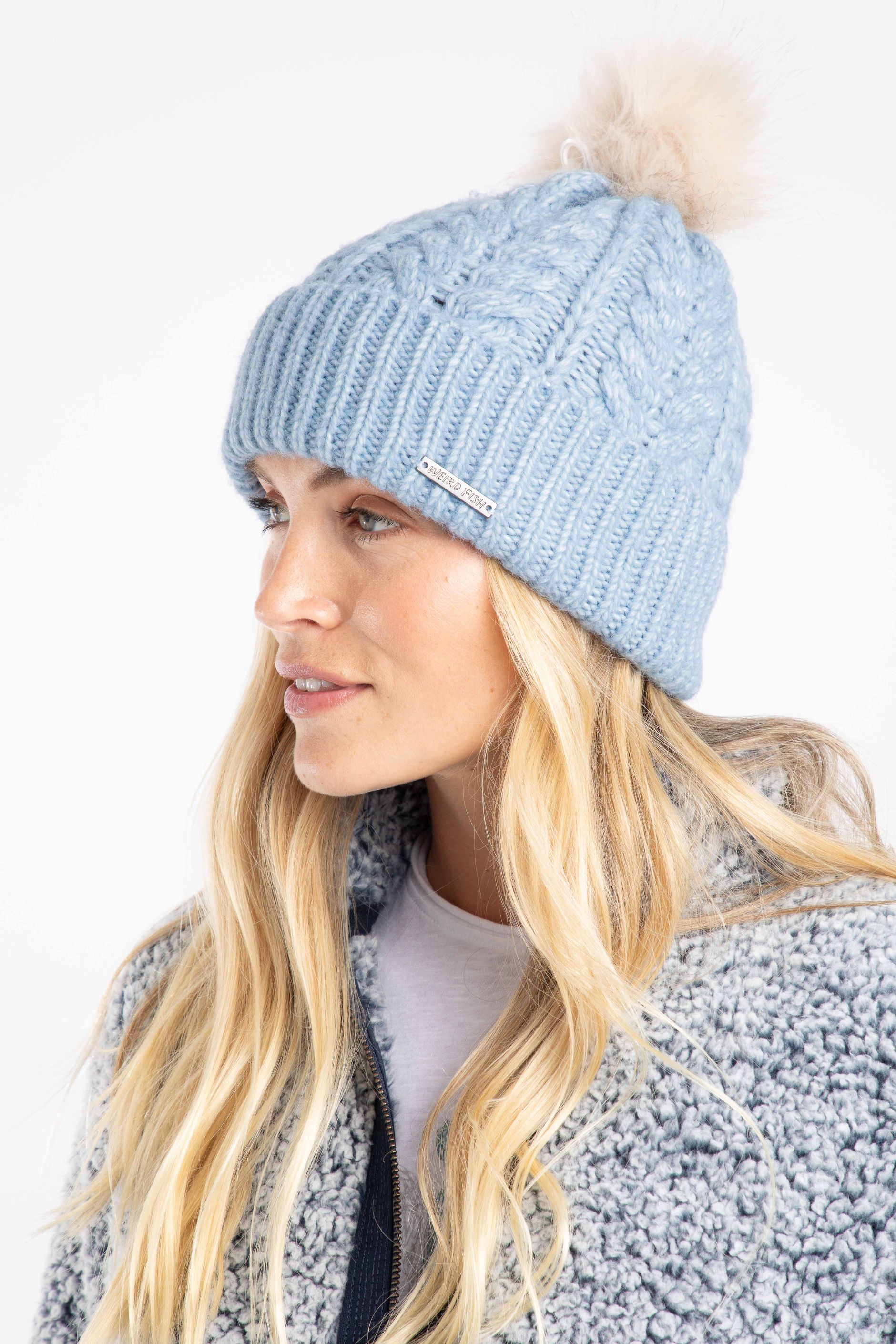 Beechfield Verbier Faux Fur Pom Pom Beanie - Chunky Knit Winter Hat In Light Grey