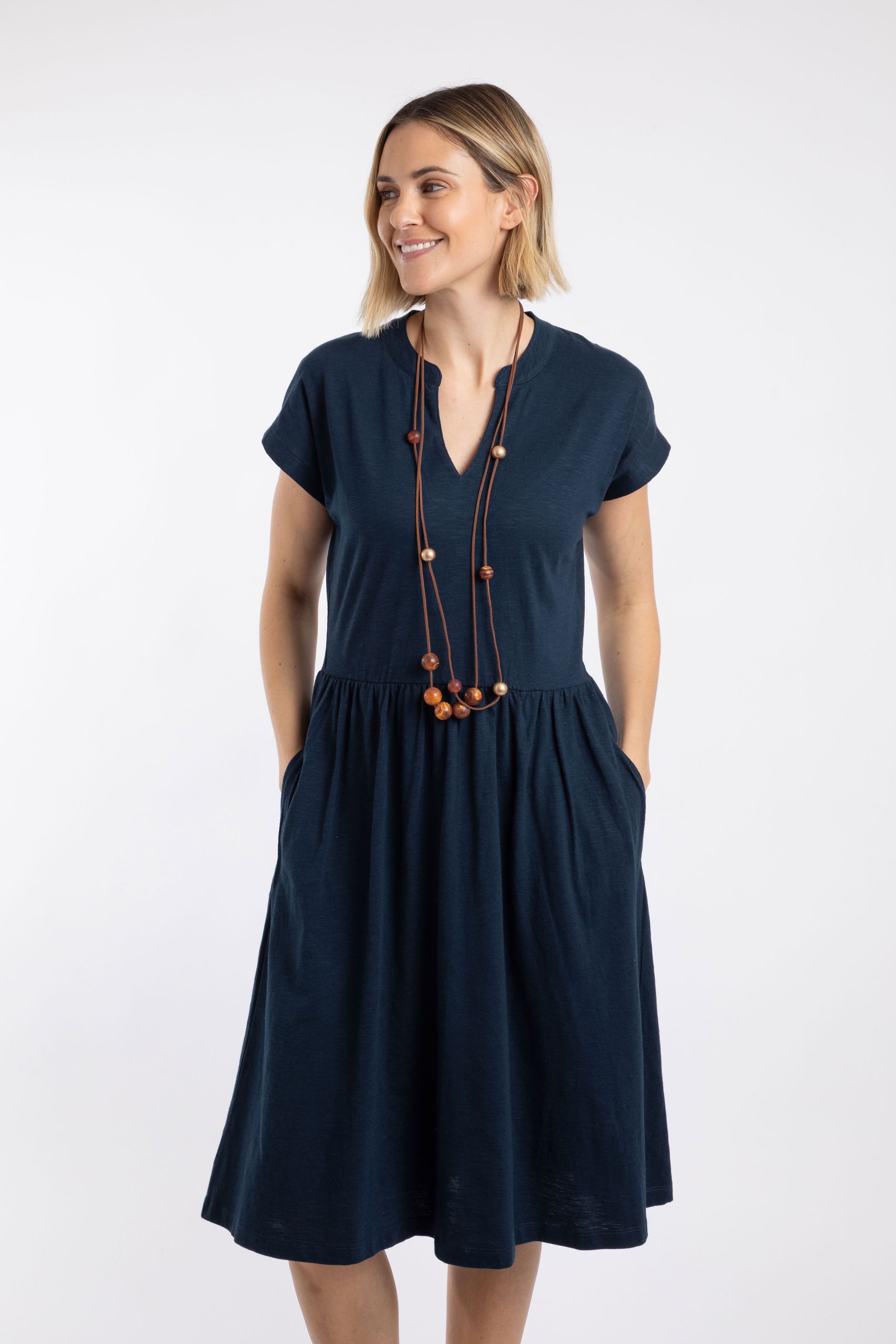 Lilly Plain Jersey Notch Neck Dress Navy | Weird Fish Lilly Plain Jersey Notch Neck Dress Navy | Weird Fish