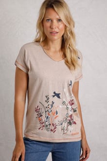 Swirling Swallows Organic Cotton Printed T-Shirt Sand Dune