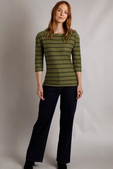 Rommie Organic Cotton Square Neck Stripe T-Shirt Olive Green