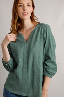 Mabel Broidery 3/4 Sleeve Top Ivy