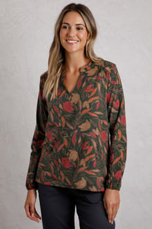 Brooke Organic Cotton Printed Jersey Top Dark Olive