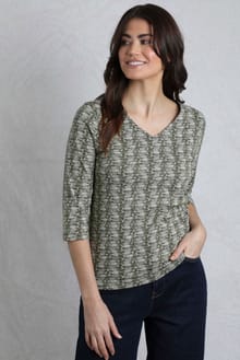 Nanaimo 3/4 Sleeve Organic Cotton Printed Top Dark Olive