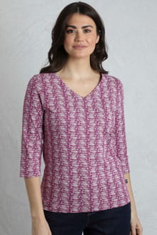 Nanaimo 3/4 Sleeve Organic Cotton Printed Top Dark Raspberry