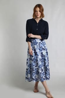 Harini Organic Cotton Double Cloth Printed Midi Skirt Estate blue