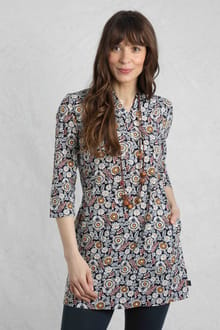 Ava Organic Cotton Printed Slub Tunic  Navy