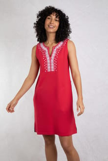 Anaya Organic Cotton Embroidered Jersey Shift Dress Crimson