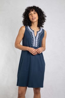 Anaya Organic Cotton Embroidered Jersey Shift Dress Navy