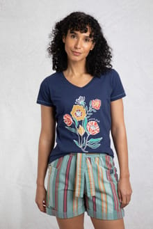 Botanic Organic Cotton V Neck Front Print T-Shirt Dark Blue