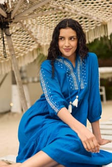 Arles Organic Cotton Embroidered Double Cloth Dress Adriatic Blue