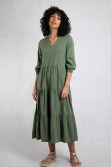 Margo Seersucker Tiered Midi Dress Army Green