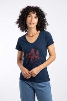 Wild Ponies Front Print Organic Cotton Graphic T-Shirt Navy
