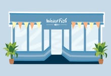 Graphic of a shop front for Weird Fish Clothing Store with bunting and plants outside