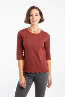 Raven Organic Cotton Striped Shiffli Hem Top Conker