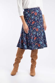 Lorient Organic Cotton Printed Jersey Godet Midi Skirt Navy Blue