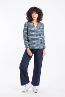 Brooke Organic Cotton Printed V Neck Jersey Top Indigo