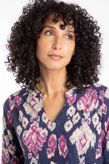 Brooke Organic Cotton Printed V Neck Jersey Top Petrol Blue