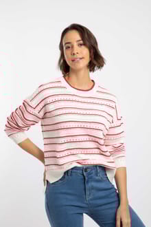 Liah Pointelle Striped Crew Neck Jumper Deep Pink