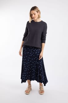 Florino Printed Asymmetric Slit Skirt Navy Blue