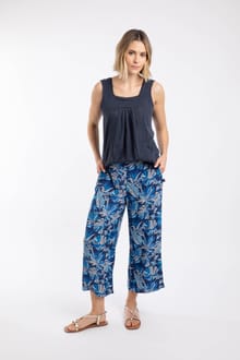 Sarita Crinkle Printed Wide Leg Cropped Trousers Blue Indigo