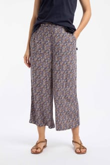 Sarita Crinkle Printed Wide Leg Cropped Trousers Navy