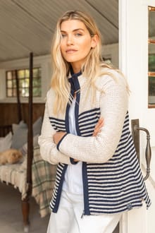 Zoe Full Zip Striped Colour Block Macaroni Sweatshirt Ecru