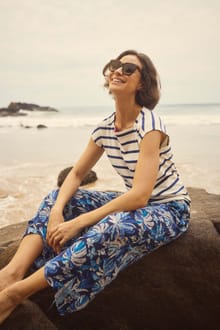 Sarita Crinkle Printed Wide Leg Cropped Trousers Blue Indigo