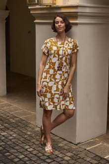 Orlando Printed Linen Rich Shift Dress Ochre