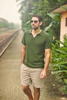 Tyne Trophy Neck Knitted Polo Shirt Ginko Green