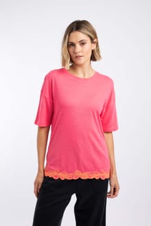 Lyndon Lace Trim Crew Neck T-Shirt Flamingo