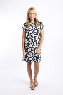 Orlando Printed Linen Rich Shift Dress Light Navy
