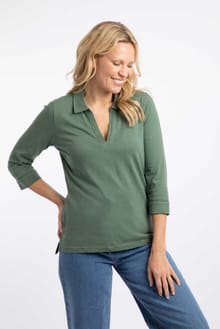 Annare 3/4 Sleeve Jersey Trophy Neck Top Military Green